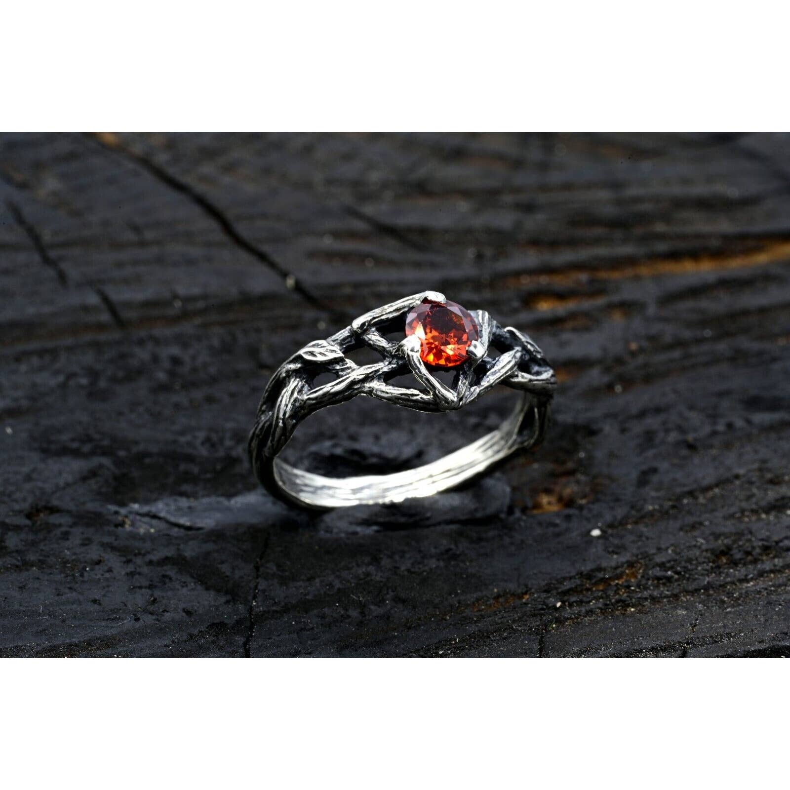 Mysterious Silver Ring With Garnet And Celtic Knot Celtic Style Wood Texture New
